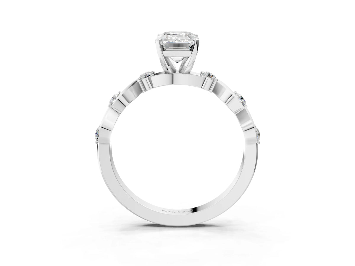 Silver Emerald Cut Diamond Solitaire Twisted Band with Round Accents and Prong Setting_15