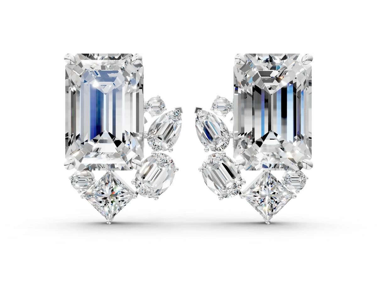 Silver Emerald Cut Diamond Stud Earrings with Round and Oval Accents_2