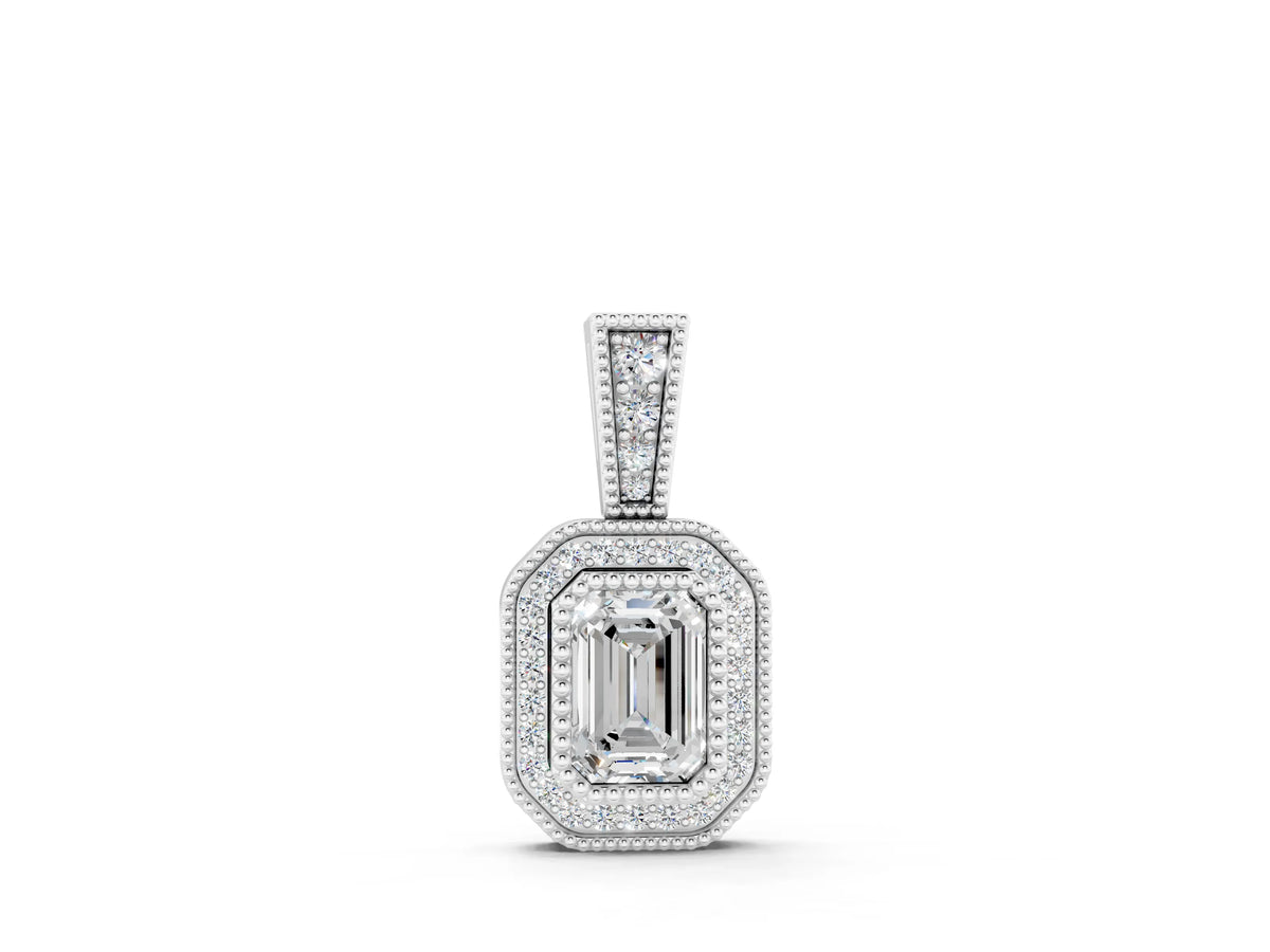 Silver Emerald Cut Halo Diamond Pendant with Pavé Setting_2