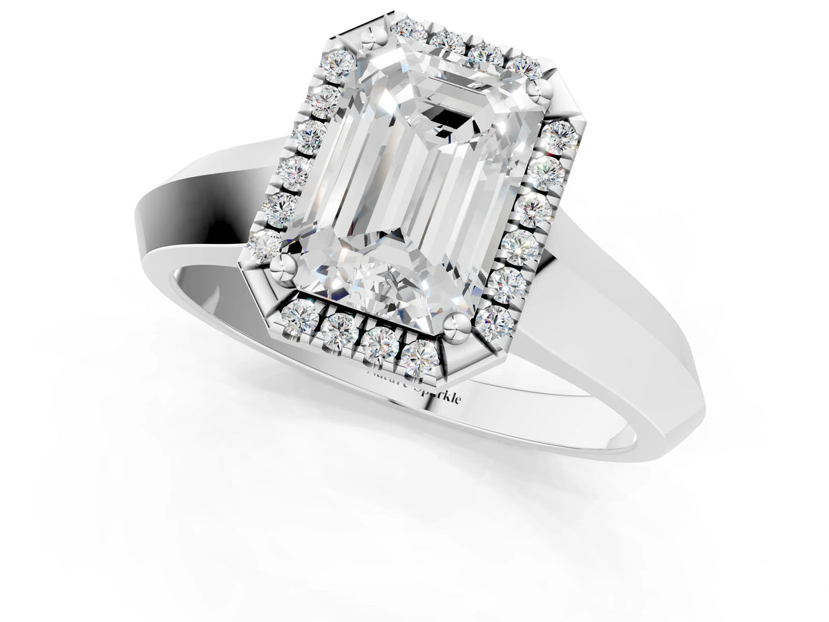 Silver Emerald Cut Halo Diamond Ring with Cathedral Band and Four-Prong Setting_109