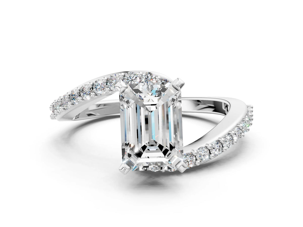 Silver Emerald Cut Solitaire Twist Band with Pave Set Diamonds and Four-Prong Setting_12