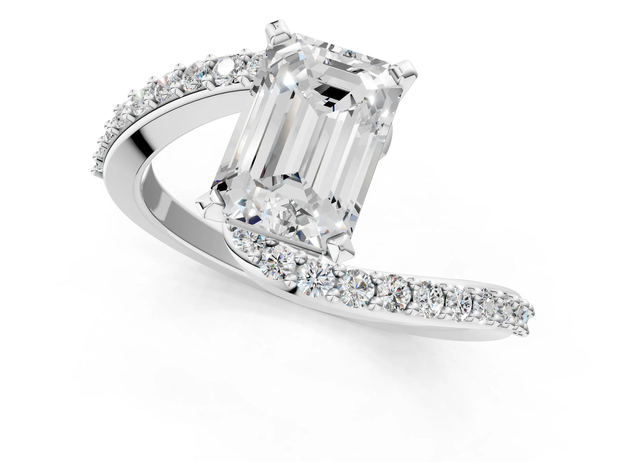 Silver Emerald Cut Solitaire Twist Band with Pave Set Diamonds and Four-Prong Setting_13