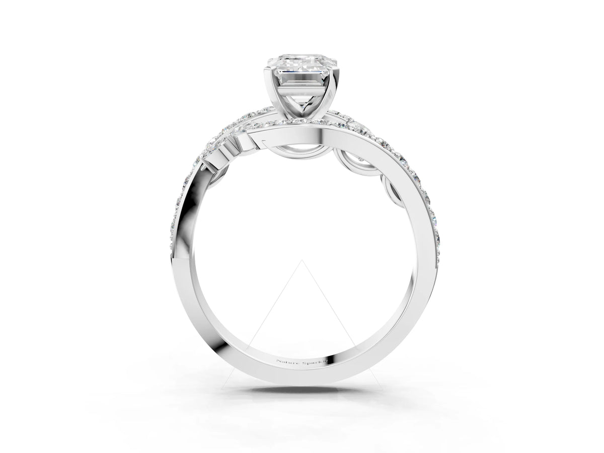 Silver Emerald Cut Solitaire with Pavé Twist Band and Four-Prong Setting_9