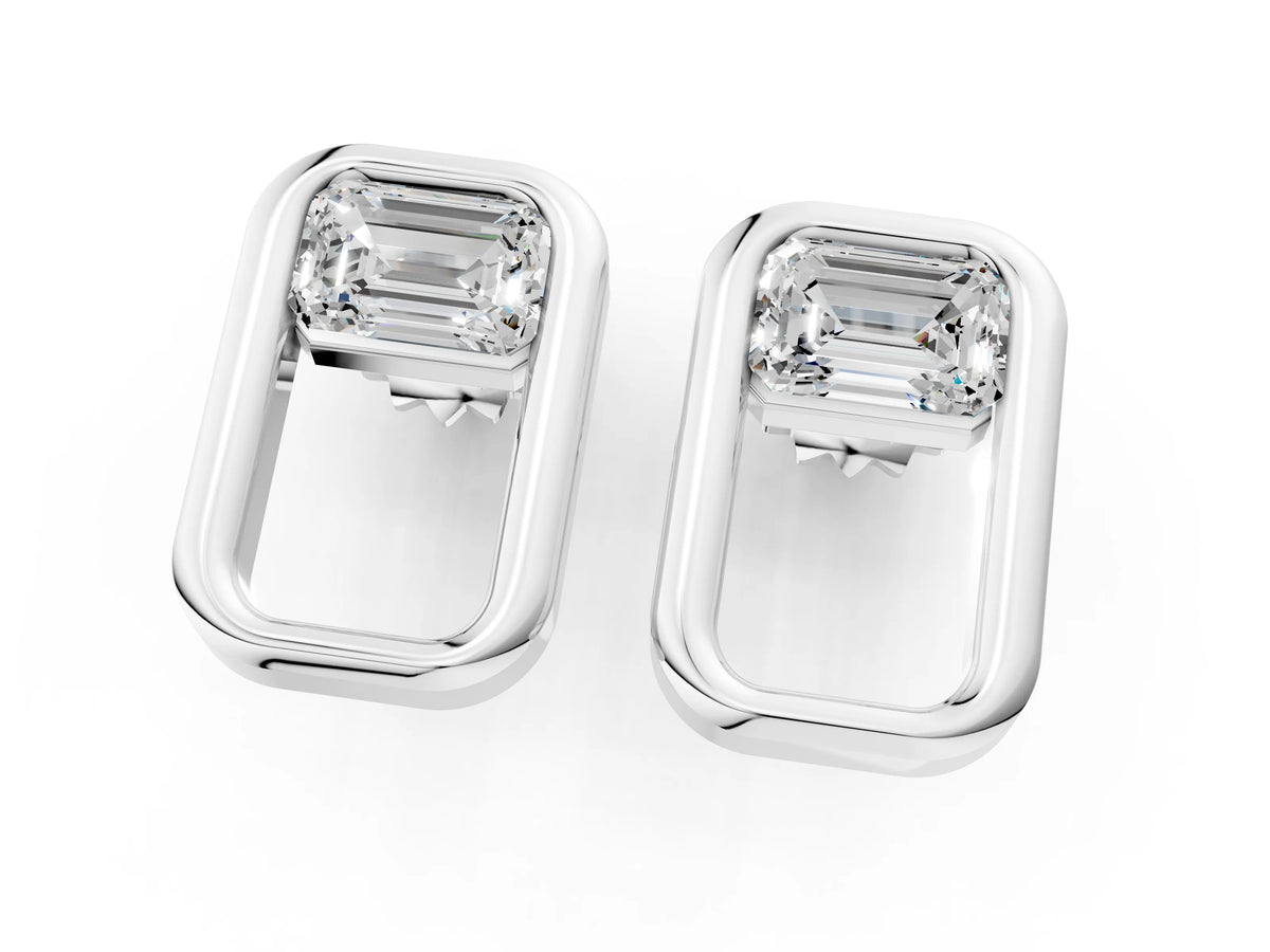 Silver Emerald Diamond Open Frame Stud Earrings_7
