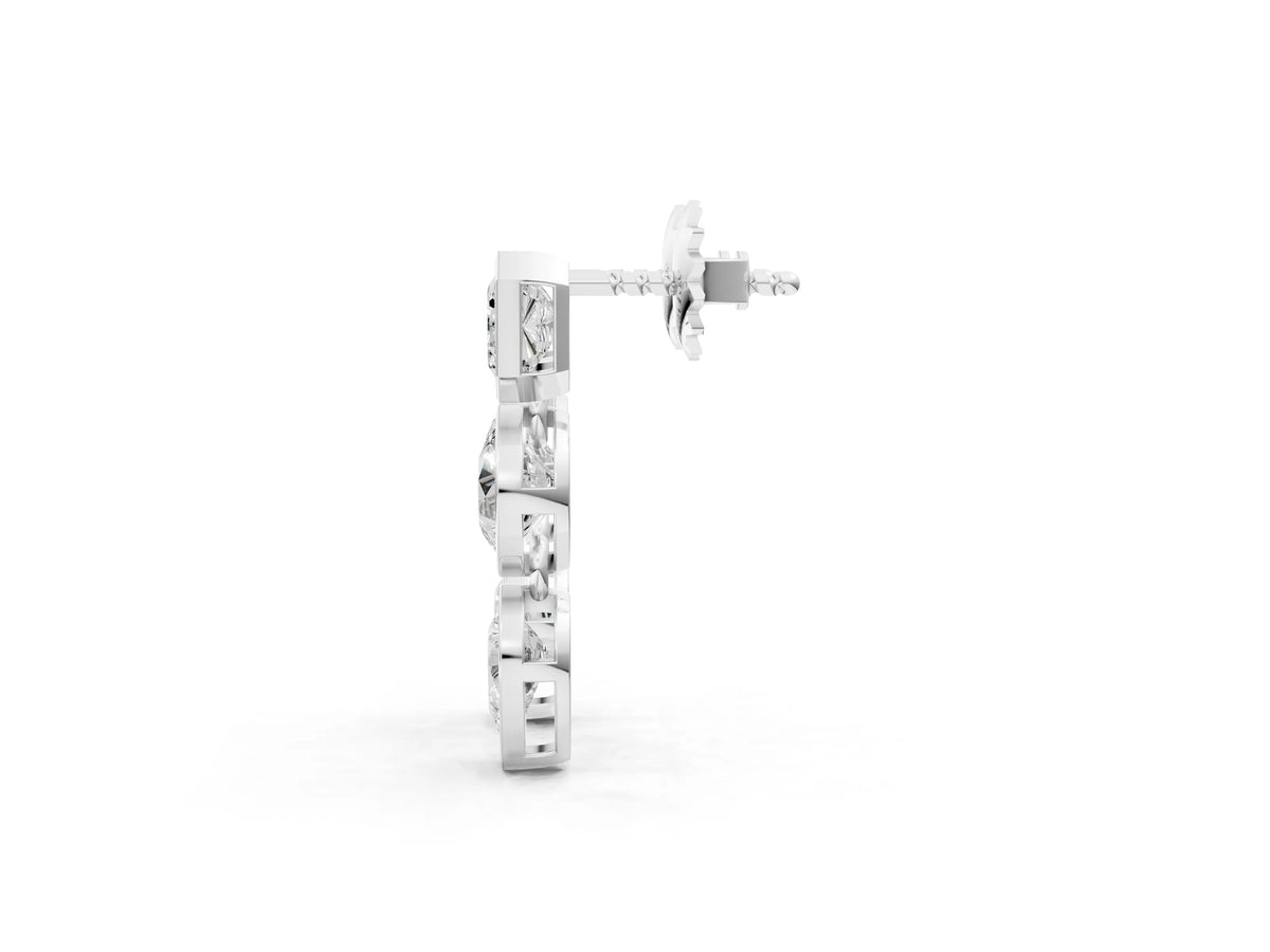 Silver Emerald, Round and Pear Diamond Bezel Drop Earrings_3