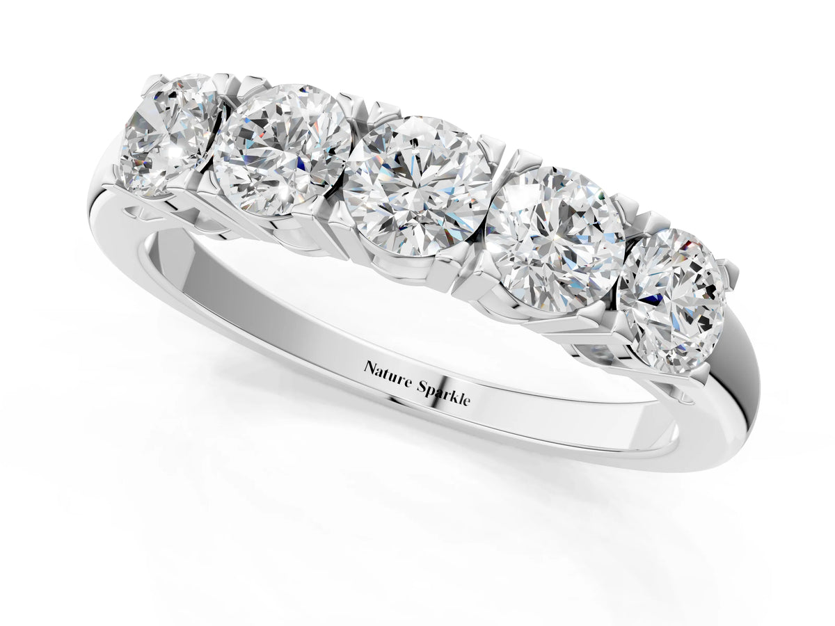 Silver Five-Stone Round Diamond Prong Set White Gold Band_7