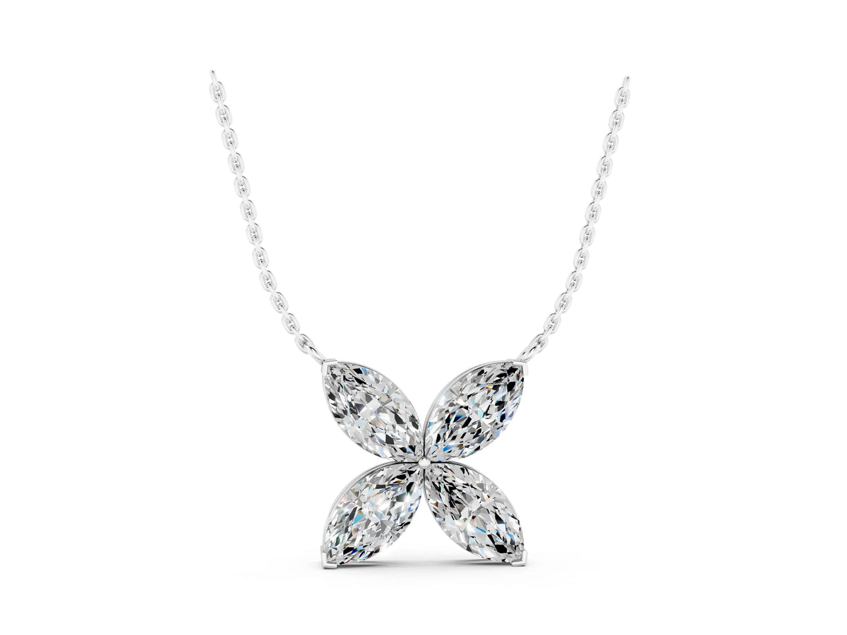 Silver Four-Prong Marquise Diamond Flower Pendant_3