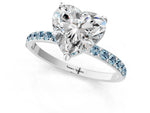Silver Heart Cut Diamond Solitaire Ring with Round Aquamarine Pavé Band and Prong Setting_13