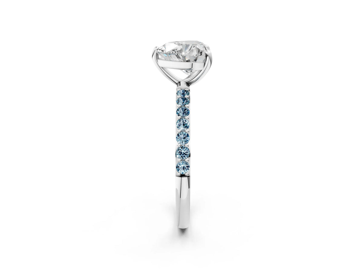 Silver Heart Cut Diamond Solitaire Ring with Round Aquamarine Pavé Band and Prong Setting_14