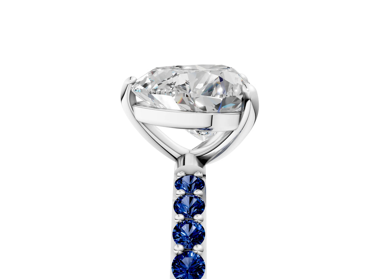 Silver Heart Cut Diamond Solitaire Ring with Round Blue Sapphire Pavé Band and Prong Setting_17