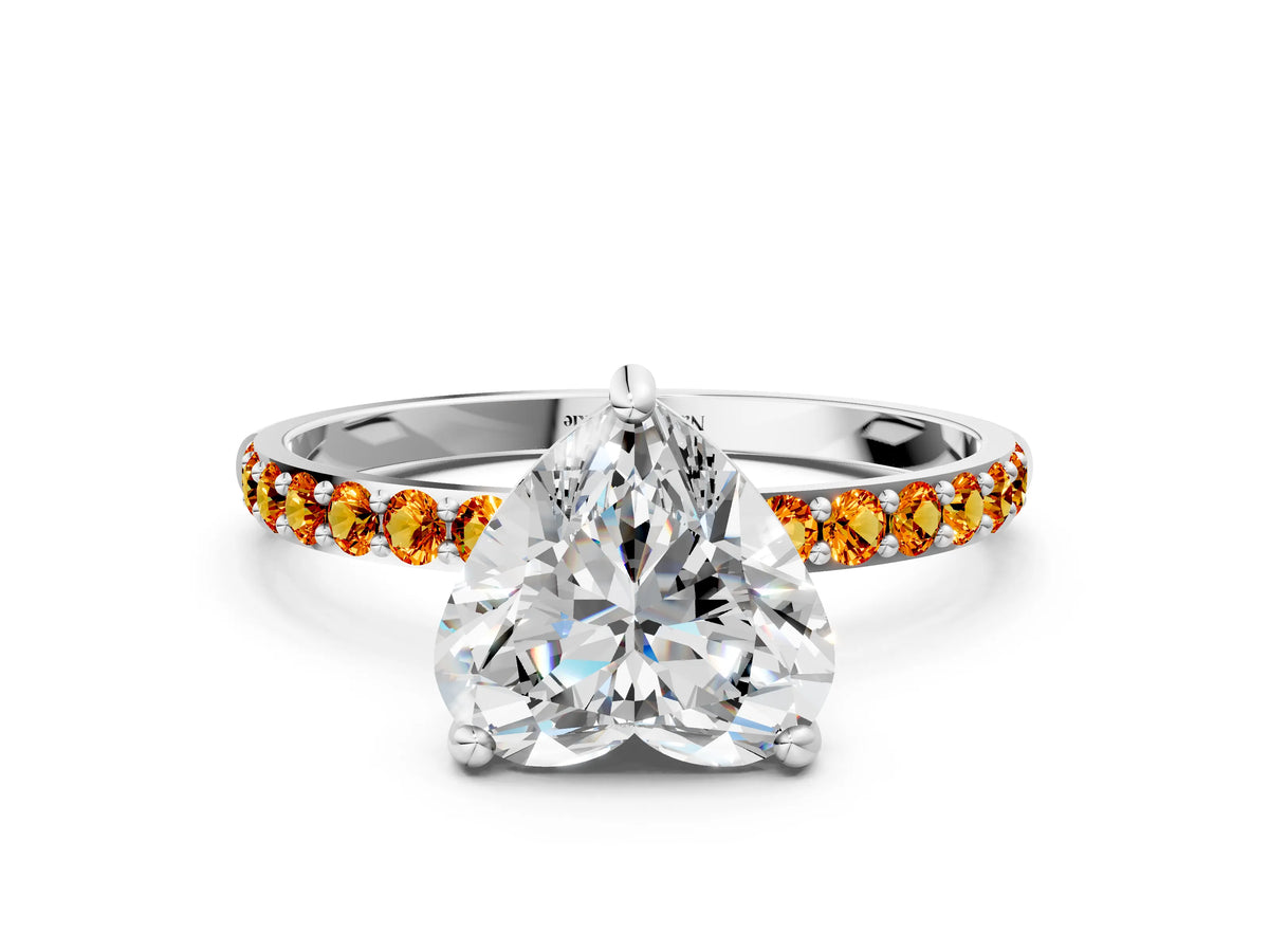 Silver Heart Cut Diamond Solitaire Ring with Round Citrine Pavé Band and Prong Setting_12