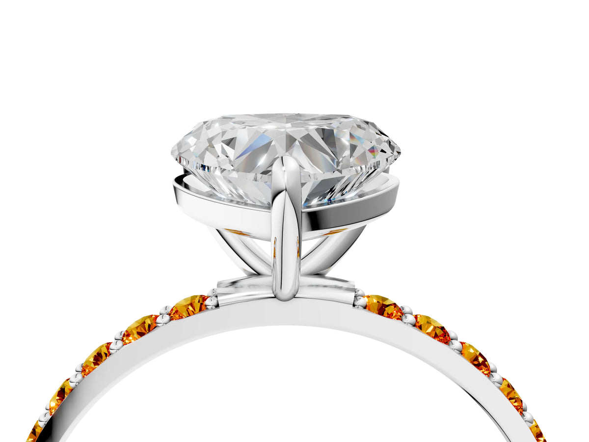 Silver Heart Cut Diamond Solitaire Ring with Round Citrine Pavé Band and Prong Setting_16