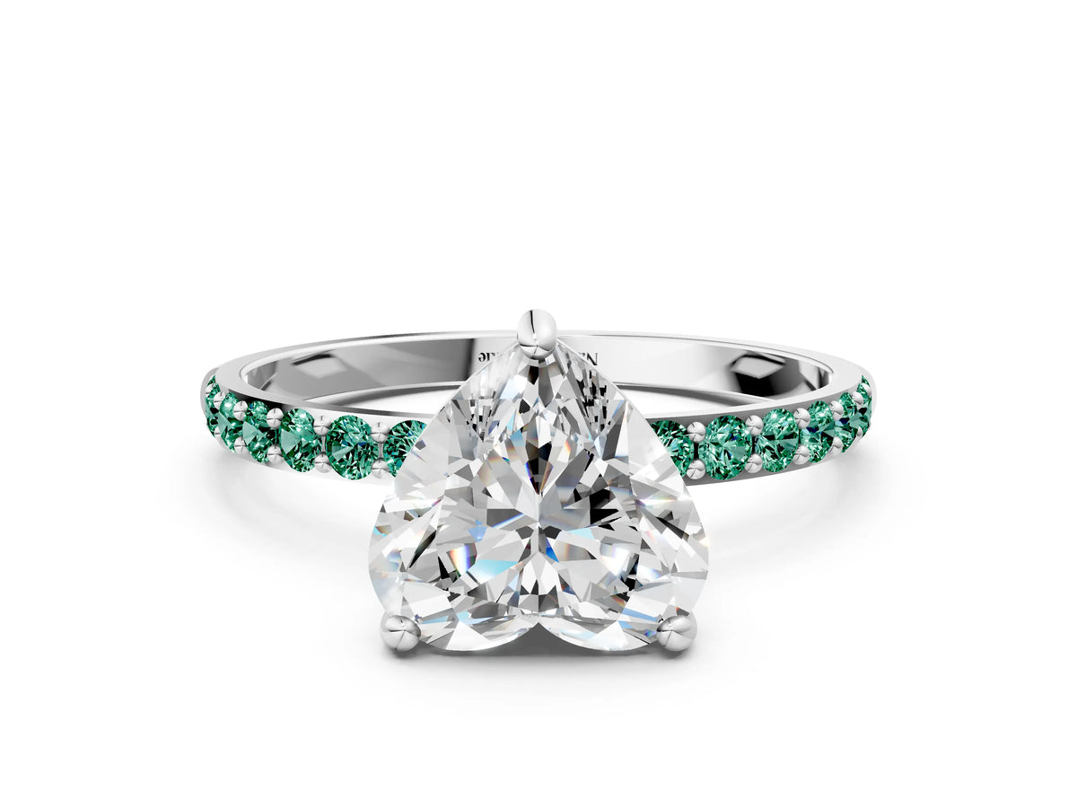 Silver Heart Cut Diamond Solitaire Ring with Round Green Sapphire Pavé Band and Prong Setting_12