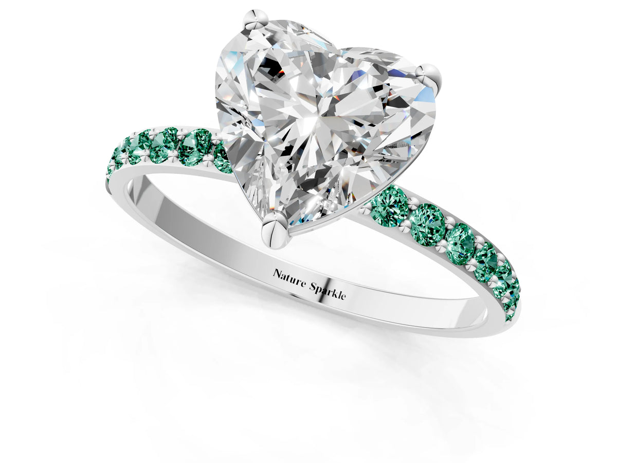 Silver Heart Cut Diamond Solitaire Ring with Round Green Sapphire Pavé Band and Prong Setting_13