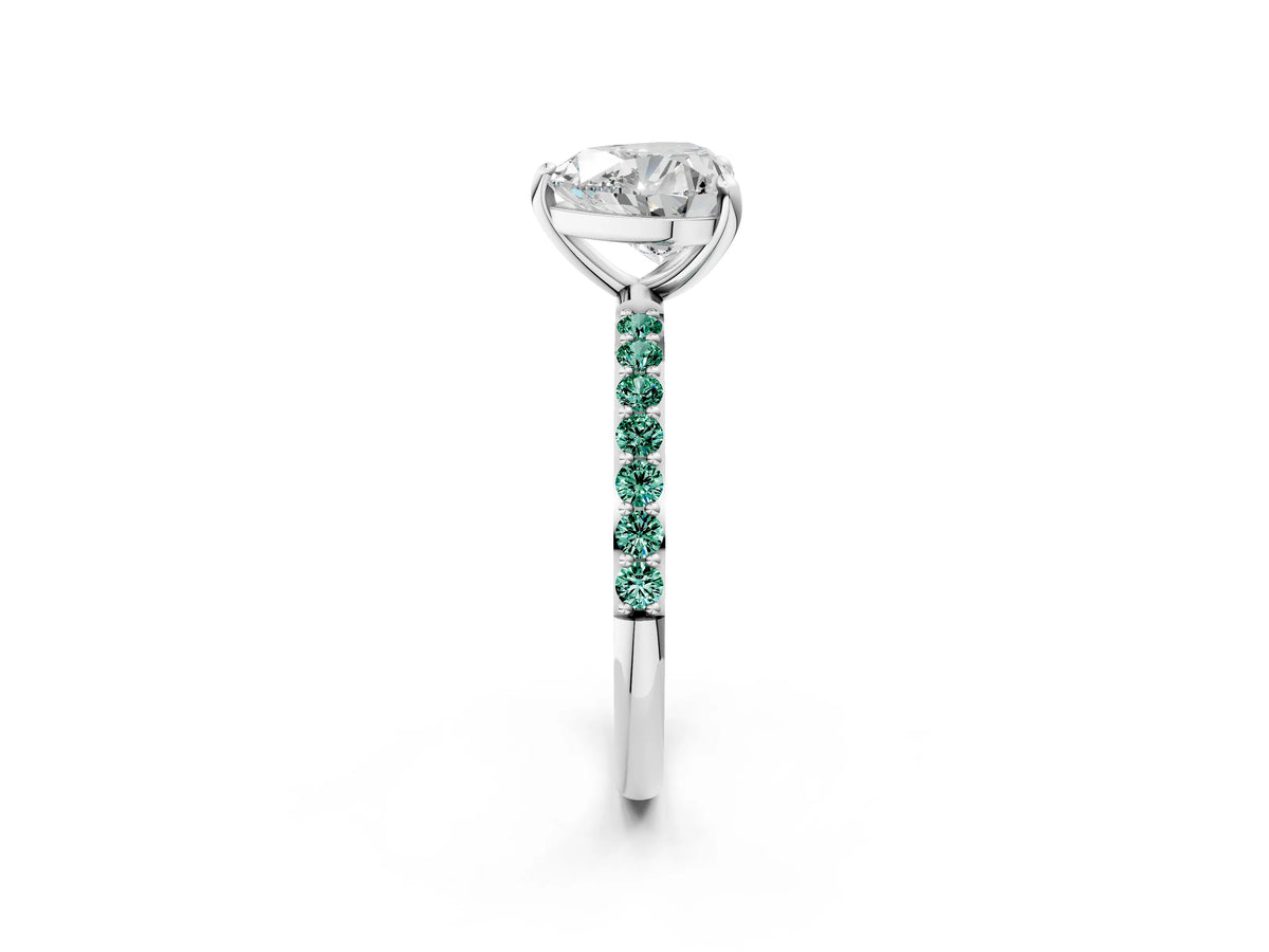 Silver Heart Cut Diamond Solitaire Ring with Round Green Sapphire Pavé Band and Prong Setting_14