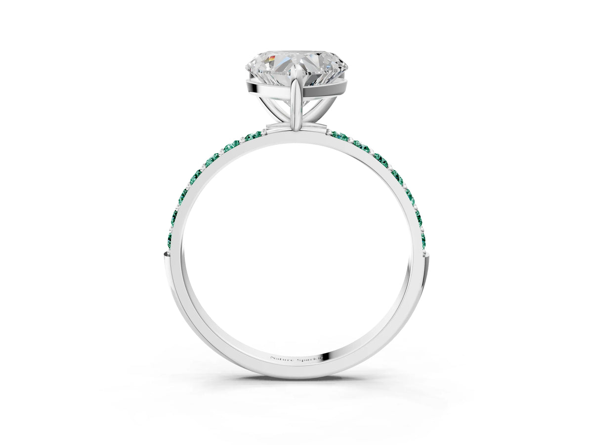 Silver Heart Cut Diamond Solitaire Ring with Round Green Sapphire Pavé Band and Prong Setting_15