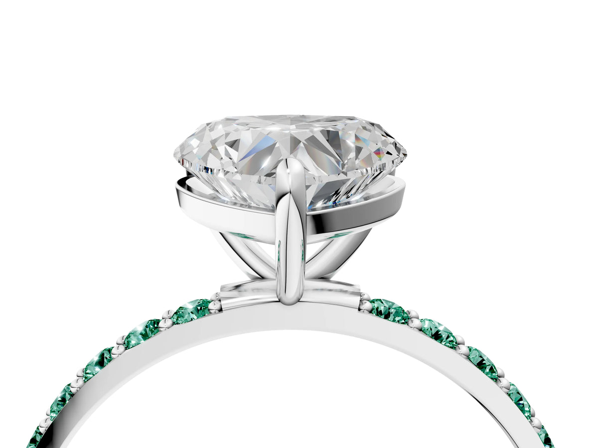 Silver Heart Cut Diamond Solitaire Ring with Round Green Sapphire Pavé Band and Prong Setting_16