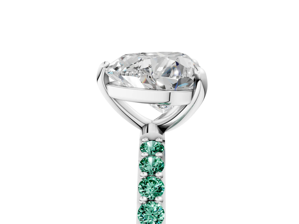 Silver Heart Cut Diamond Solitaire Ring with Round Green Sapphire Pavé Band and Prong Setting_17