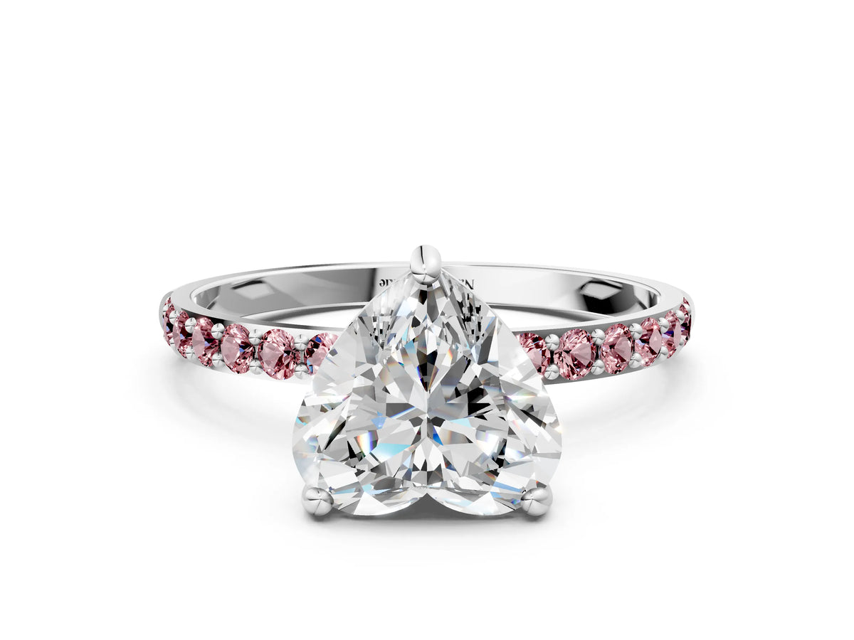 Silver Heart Cut Diamond Solitaire Ring with Round Morganite Pavé Band and Prong Setting_12