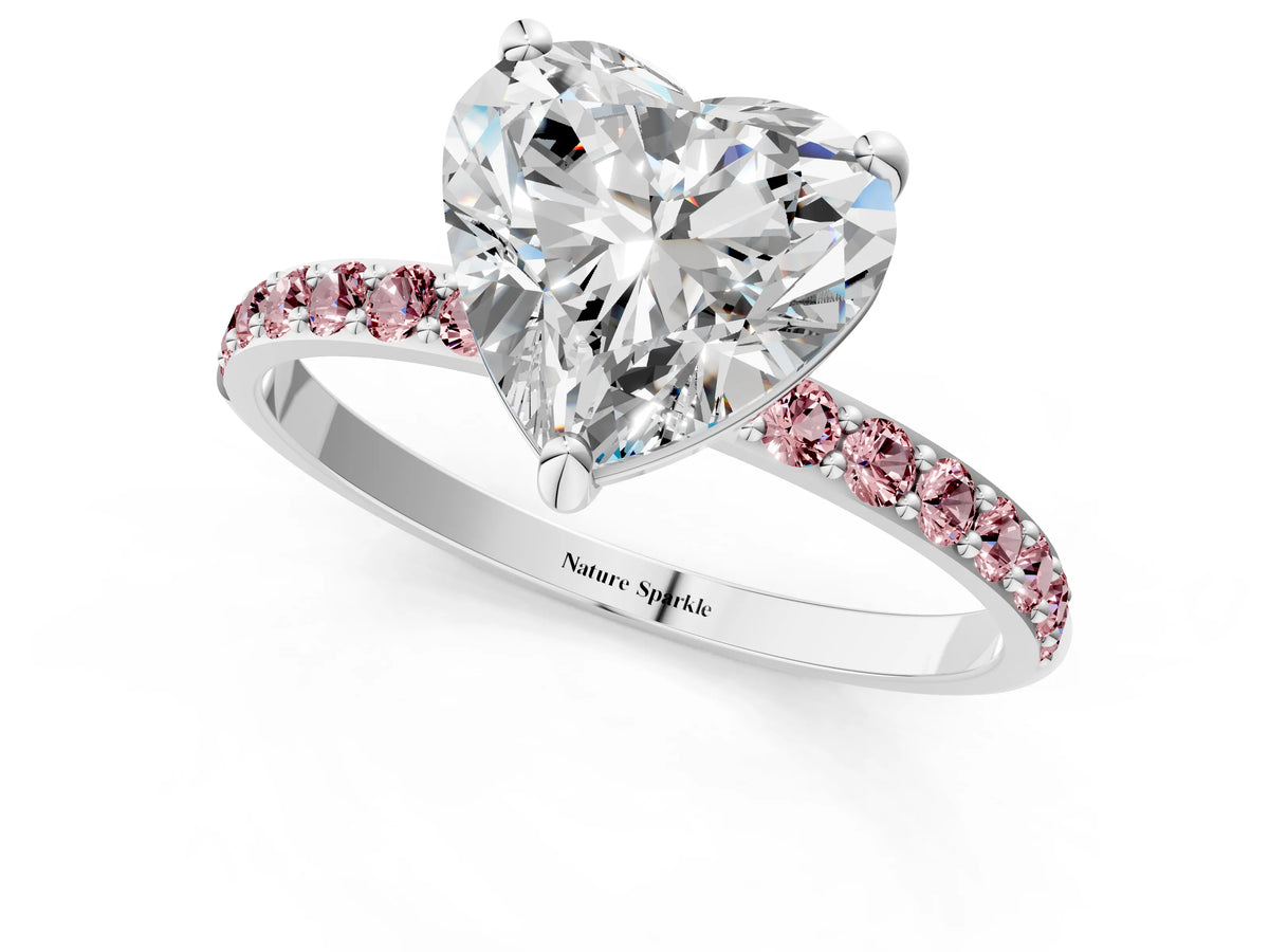 Silver Heart Cut Diamond Solitaire Ring with Round Morganite Pavé Band and Prong Setting_13