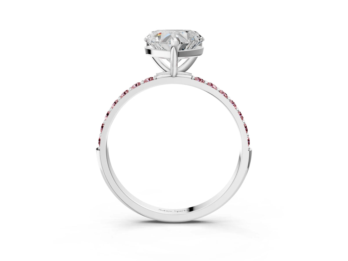 Silver Heart Cut Diamond Solitaire Ring with Round Morganite Pavé Band and Prong Setting_15