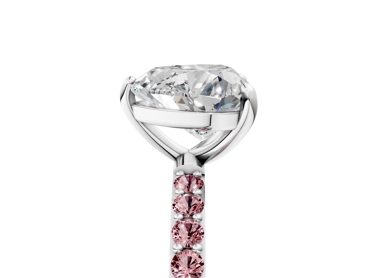 Silver Heart Cut Diamond Solitaire Ring with Round Morganite Pavé Band and Prong Setting_17