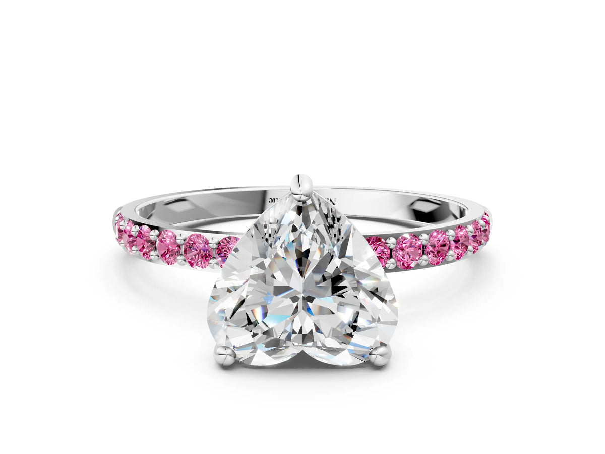 Silver Heart Cut Diamond Solitaire Ring with Round Pink Sapphire Pavé Band and Prong Setting_12