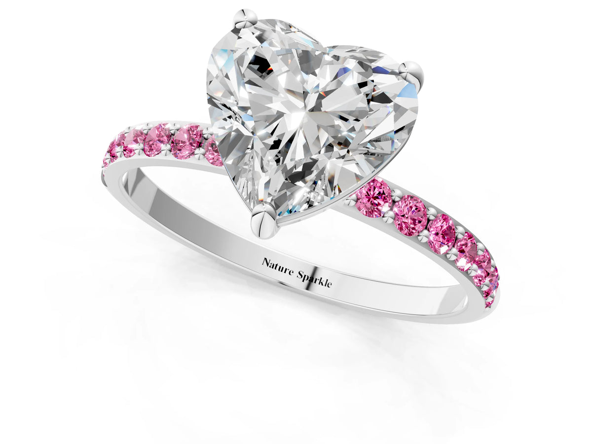 Silver Heart Cut Diamond Solitaire Ring with Round Pink Sapphire Pavé Band and Prong Setting_13