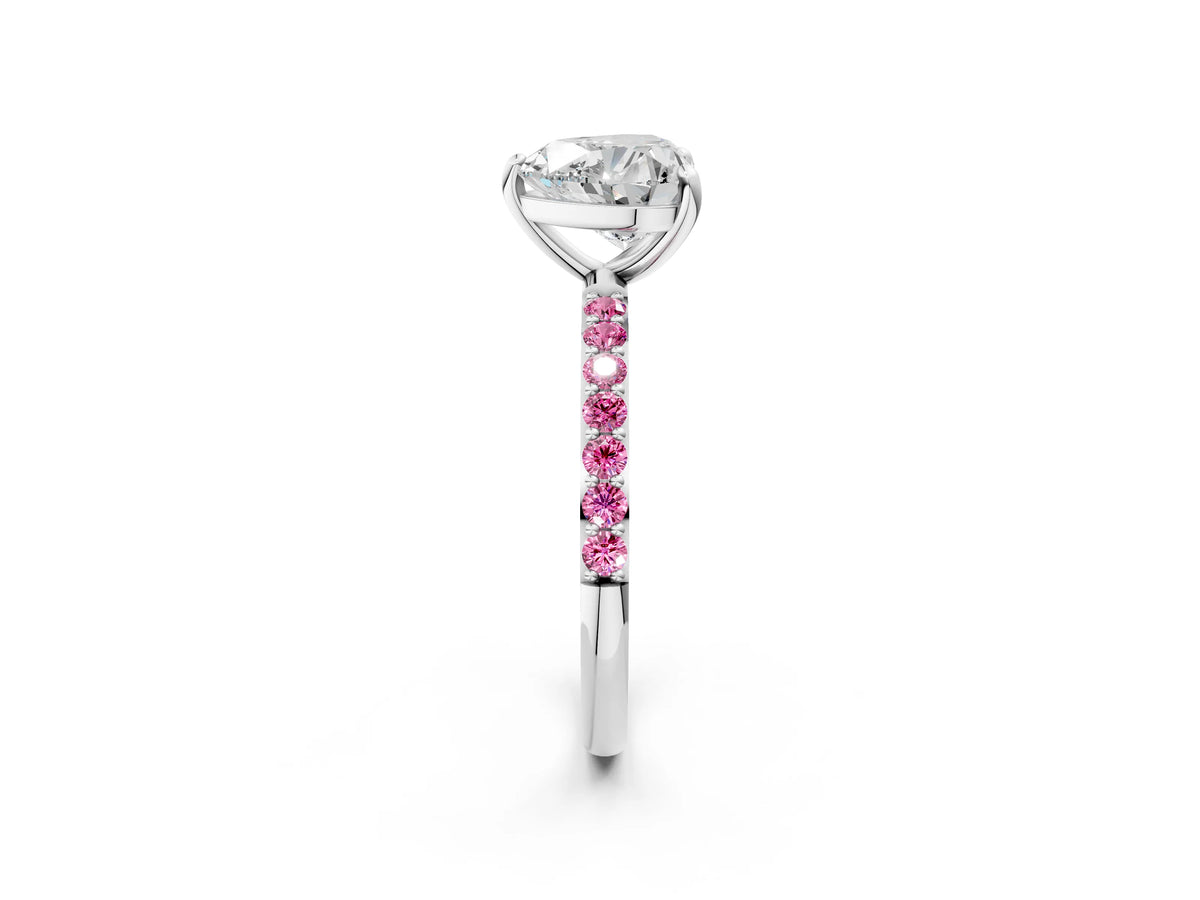 Silver Heart Cut Diamond Solitaire Ring with Round Pink Sapphire Pavé Band and Prong Setting_14