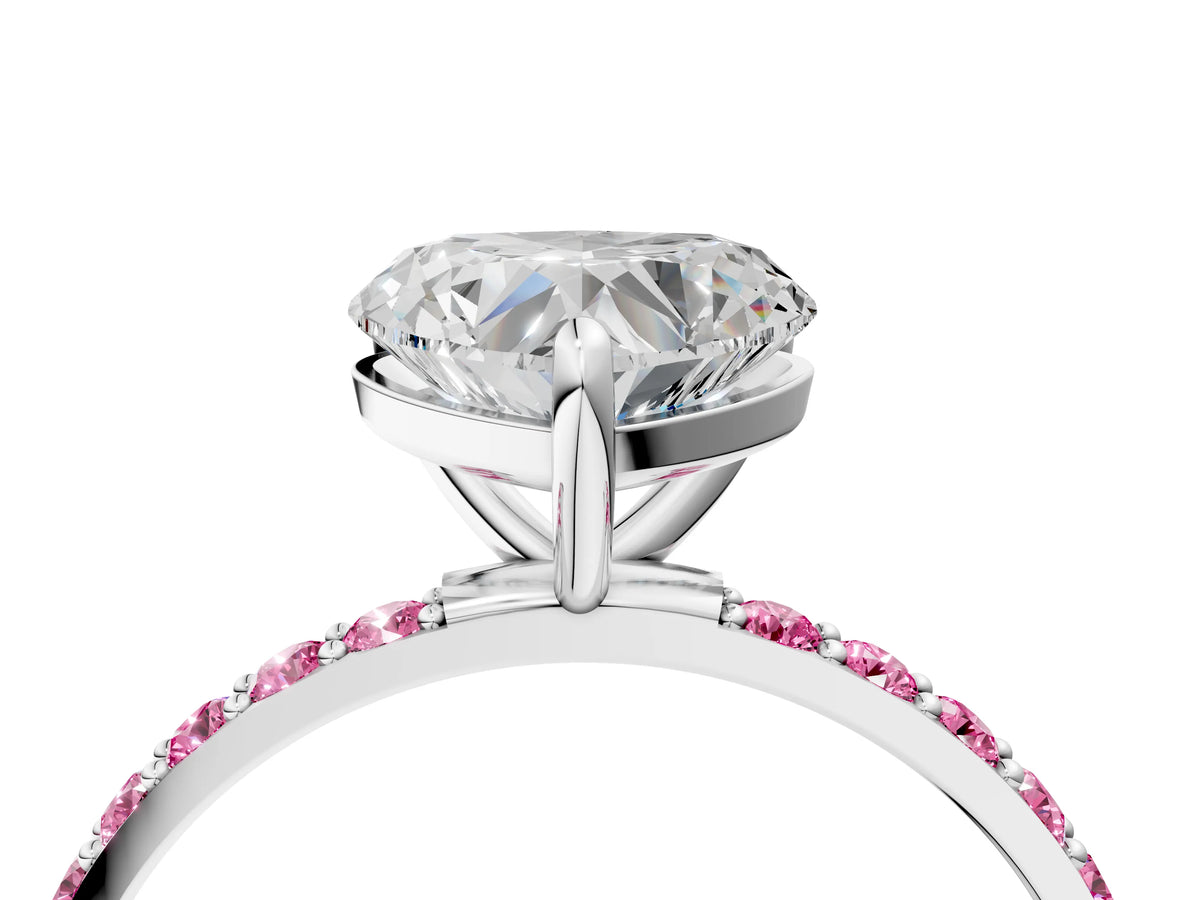 Silver Heart Cut Diamond Solitaire Ring with Round Pink Sapphire Pavé Band and Prong Setting_16
