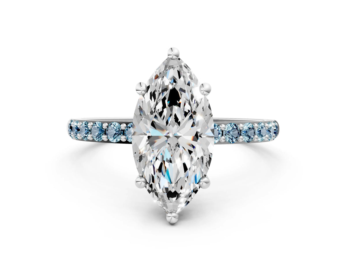 Silver Marquise Cut Diamond Solitaire Ring with Round Aquamarine Pavé Band and Prong Setting_12