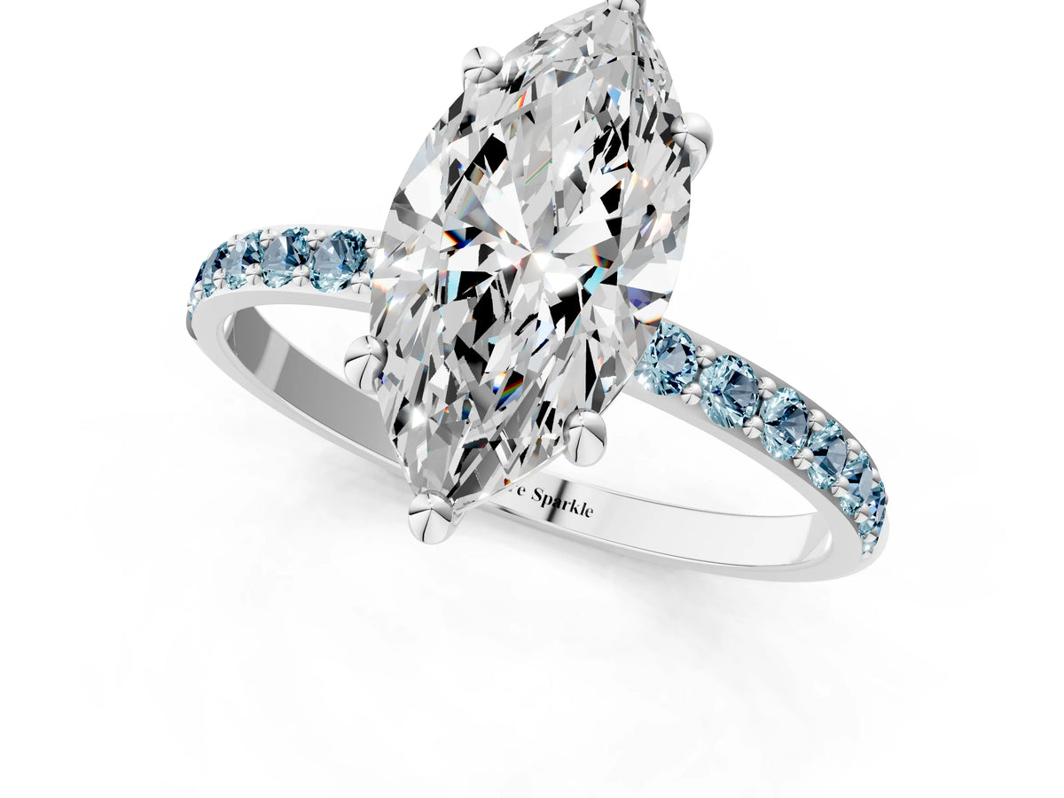 Silver Marquise Cut Diamond Solitaire Ring with Round Aquamarine Pavé Band and Prong Setting_13