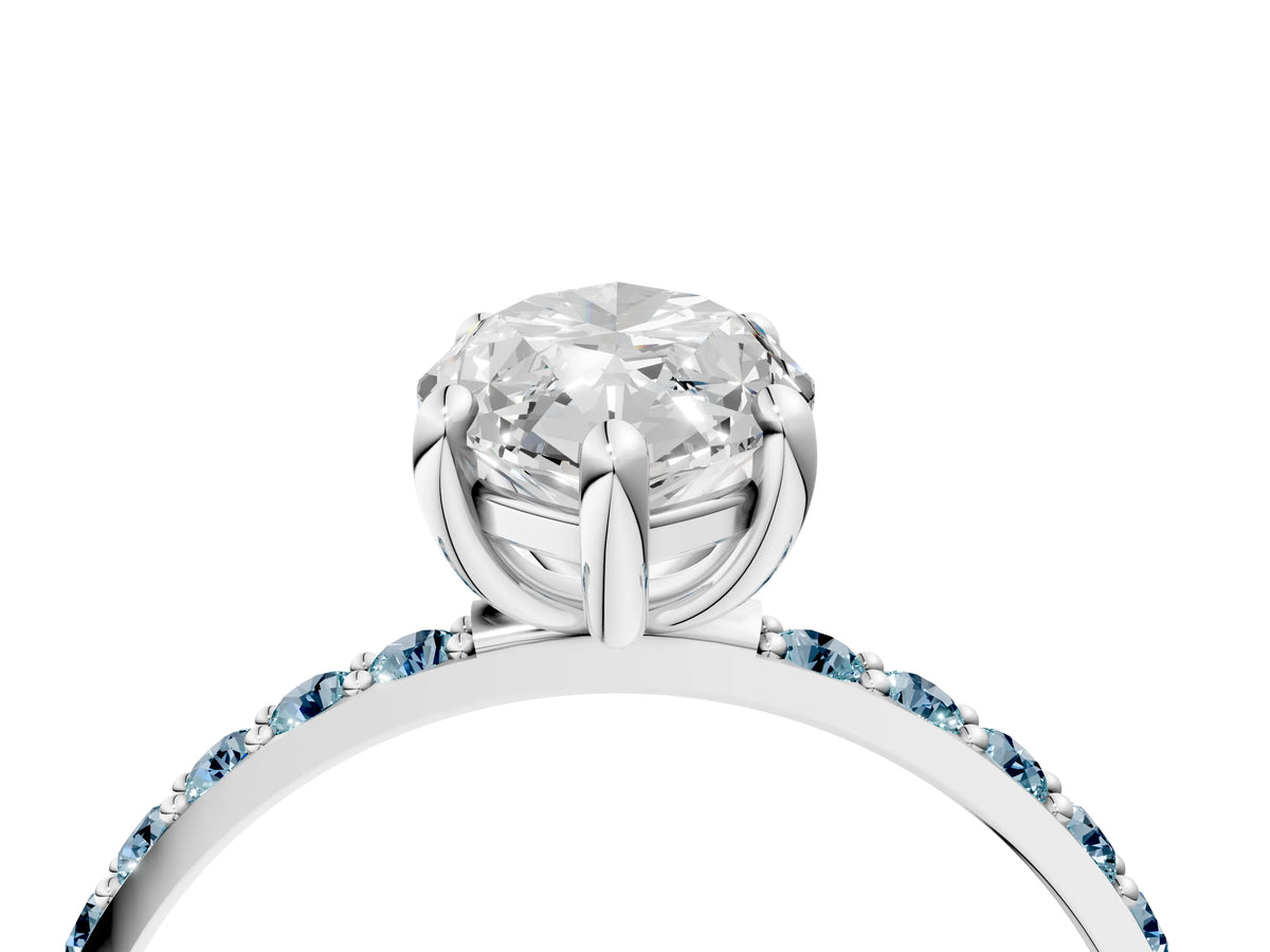 Silver Marquise Cut Diamond Solitaire Ring with Round Aquamarine Pavé Band and Prong Setting_16