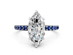 Silver Marquise Cut Diamond Solitaire Ring with Round Blue Sapphire Pavé Band and Prong Setting_12