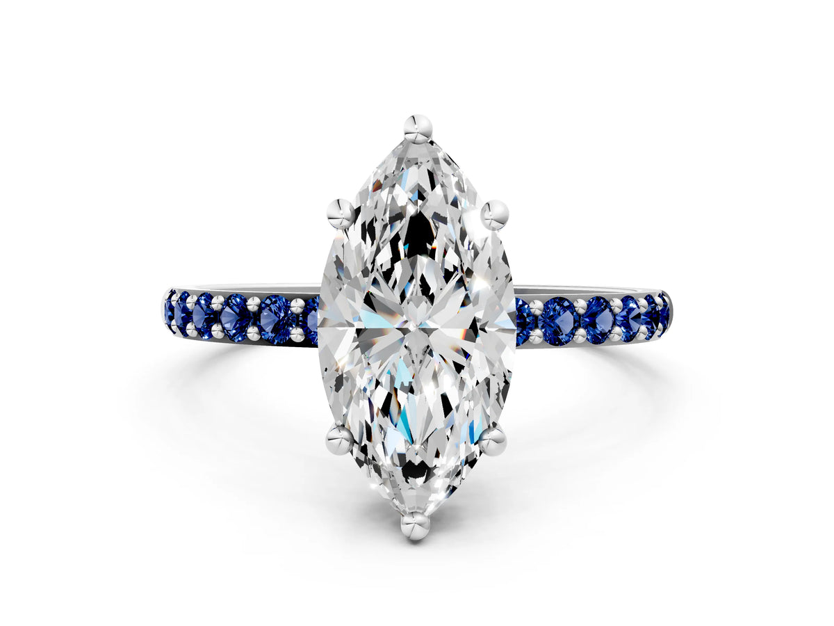 Silver Marquise Cut Diamond Solitaire Ring with Round Blue Sapphire Pavé Band and Prong Setting_12