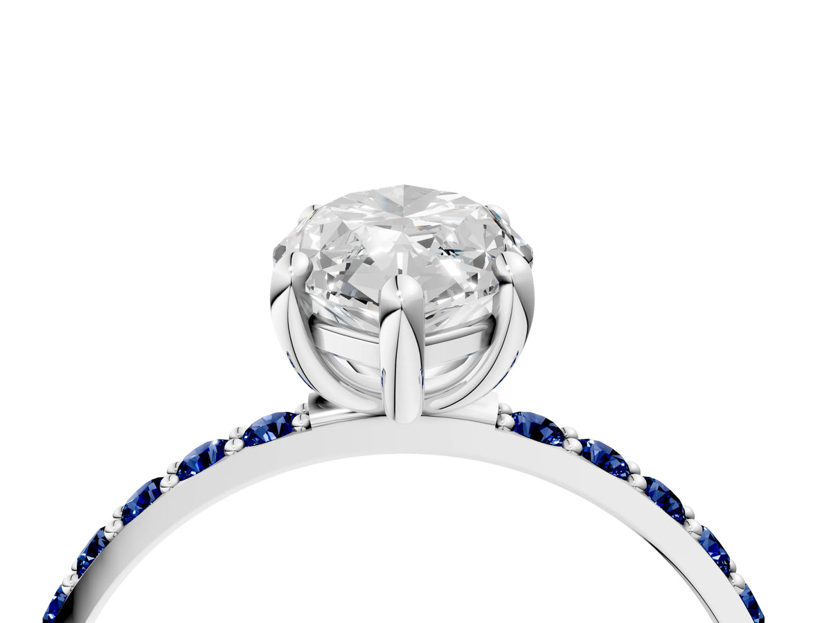 Silver Marquise Cut Diamond Solitaire Ring with Round Blue Sapphire Pavé Band and Prong Setting_16