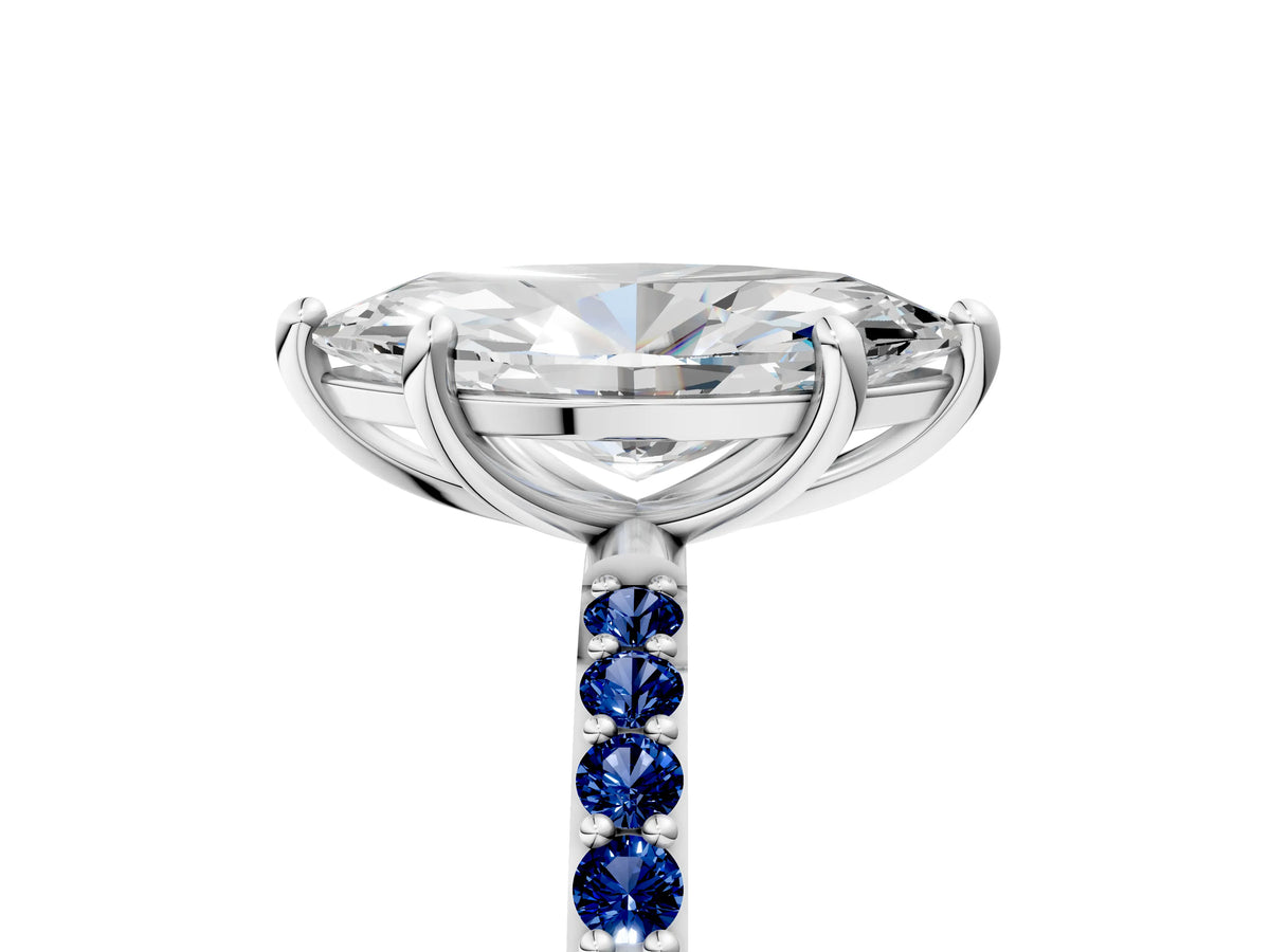 Silver Marquise Cut Diamond Solitaire Ring with Round Blue Sapphire Pavé Band and Prong Setting_17