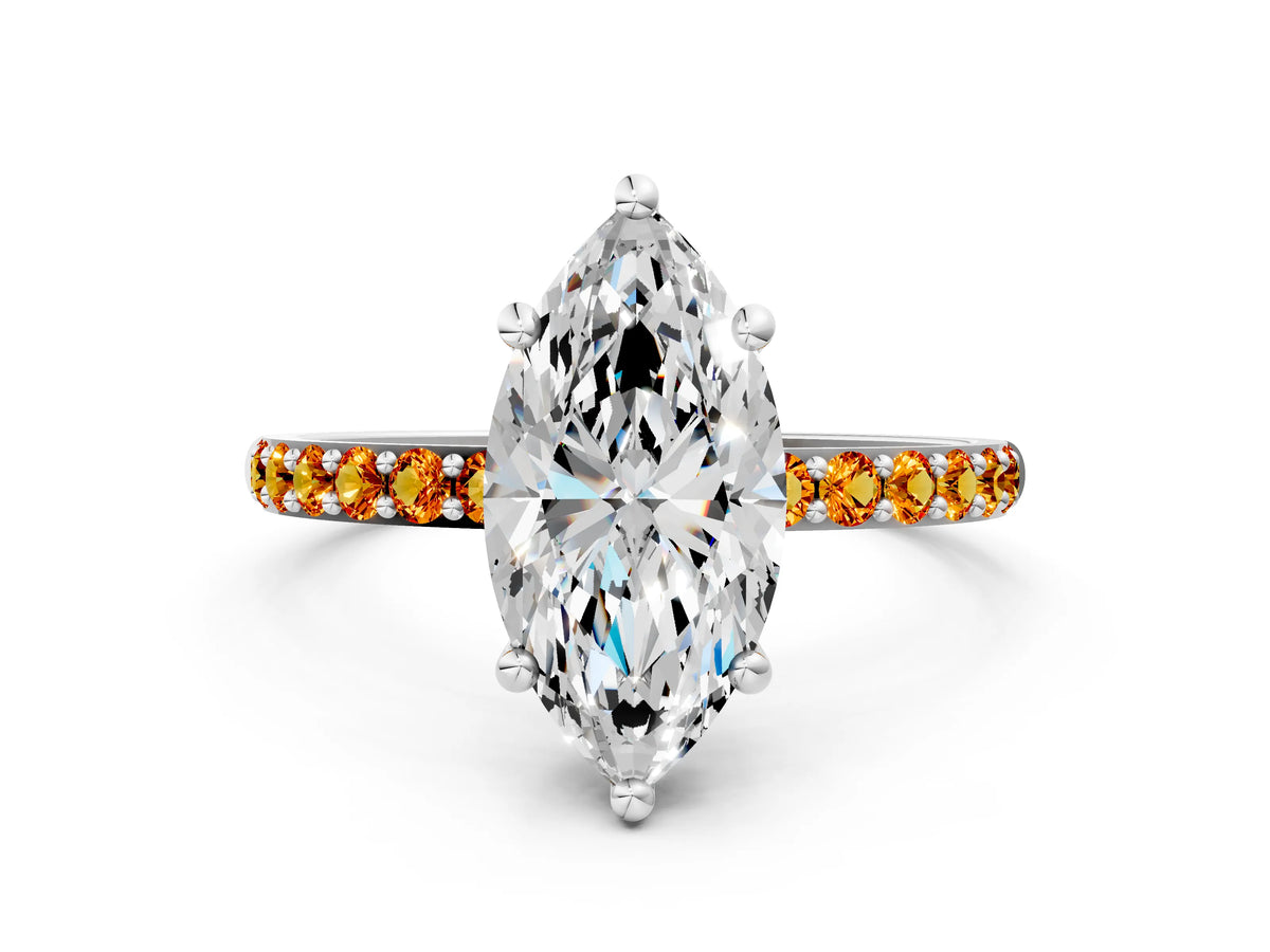 Silver Marquise Cut Diamond Solitaire Ring with Round Citrine Pavé Band and Prong Setting_12