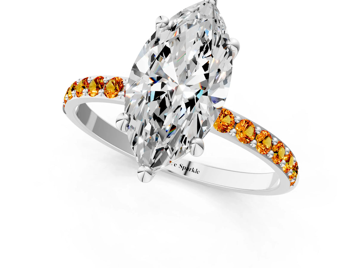 Silver Marquise Cut Diamond Solitaire Ring with Round Citrine Pavé Band and Prong Setting_13