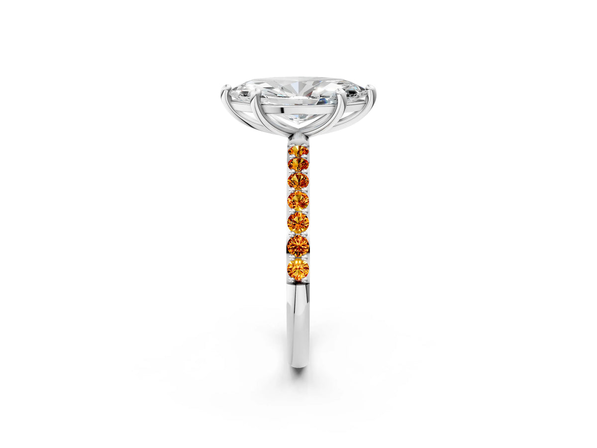 Silver Marquise Cut Diamond Solitaire Ring with Round Citrine Pavé Band and Prong Setting_14