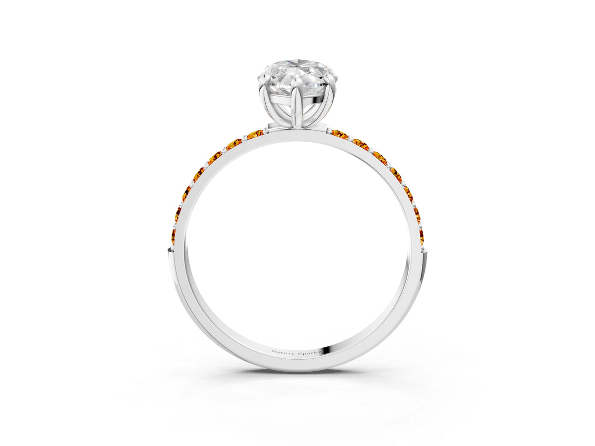 Silver Marquise Cut Diamond Solitaire Ring with Round Citrine Pavé Band and Prong Setting_15