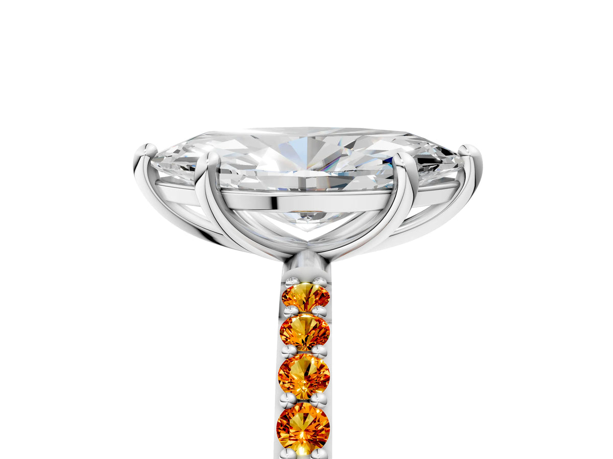 Silver Marquise Cut Diamond Solitaire Ring with Round Citrine Pavé Band and Prong Setting_17