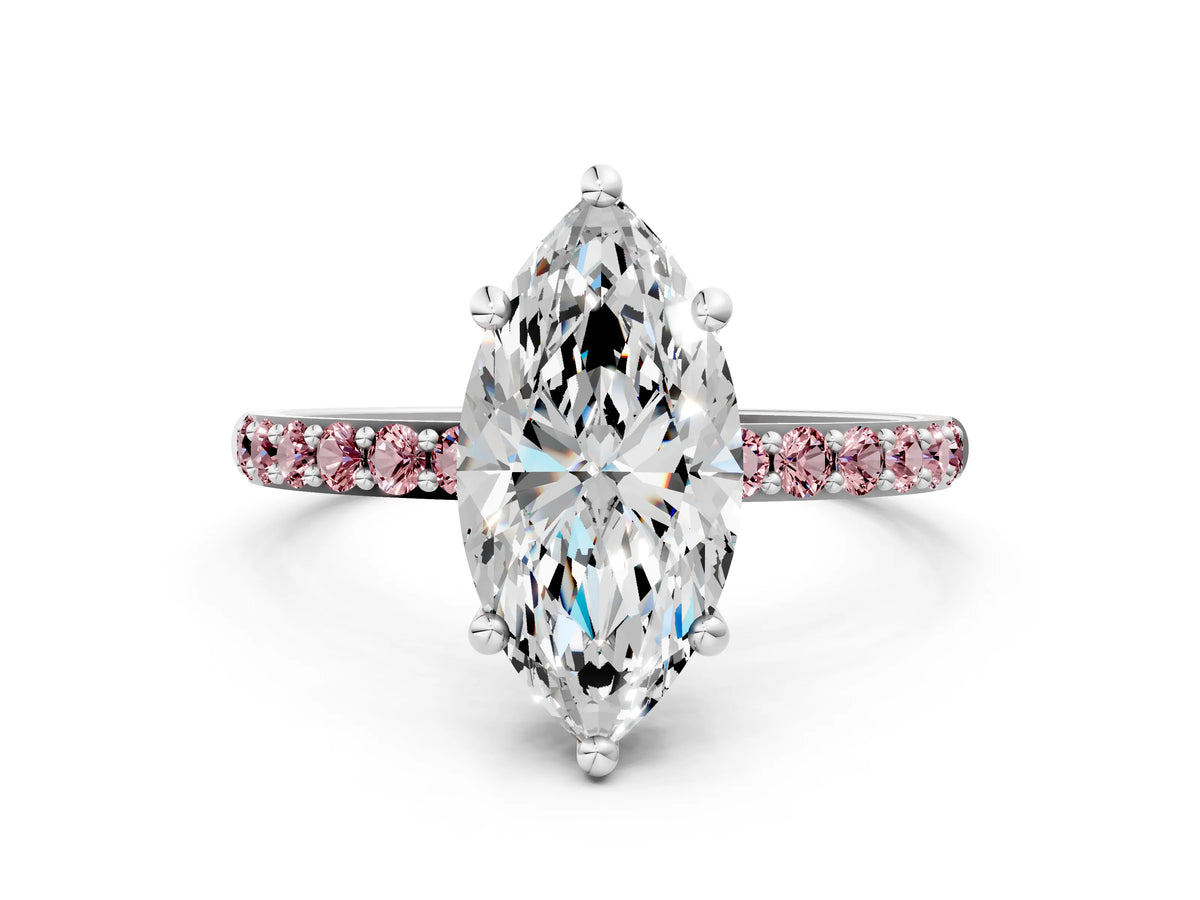 Silver Marquise Cut Diamond Solitaire Ring with Round Morganite Pavé Band and Prong Setting_12