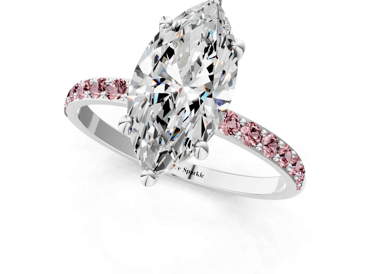 Silver Marquise Cut Diamond Solitaire Ring with Round Morganite Pavé Band and Prong Setting_13