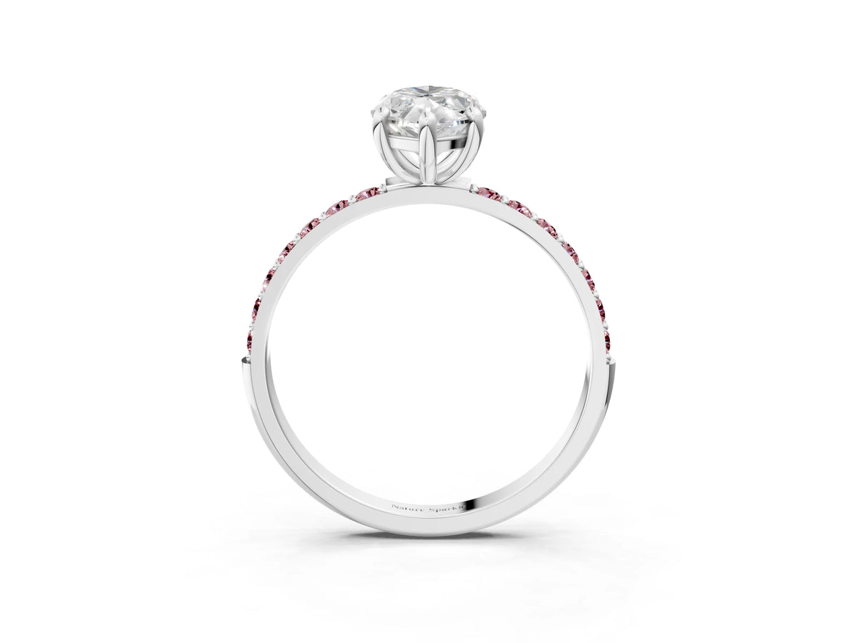 Silver Marquise Cut Diamond Solitaire Ring with Round Morganite Pavé Band and Prong Setting_15