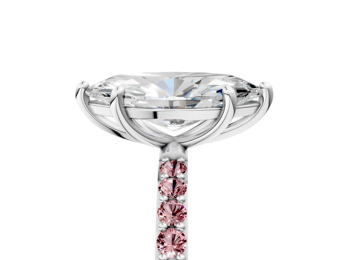 Silver Marquise Cut Diamond Solitaire Ring with Round Morganite Pavé Band and Prong Setting_17