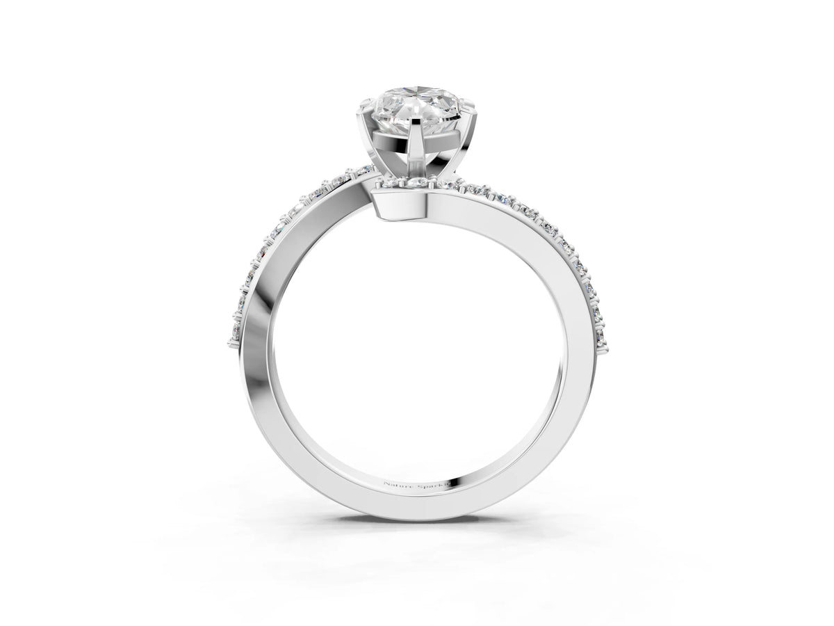 Silver Marquise Cut Solitaire Twist Band with Pave Set Diamonds and Four-Prong Setting_9