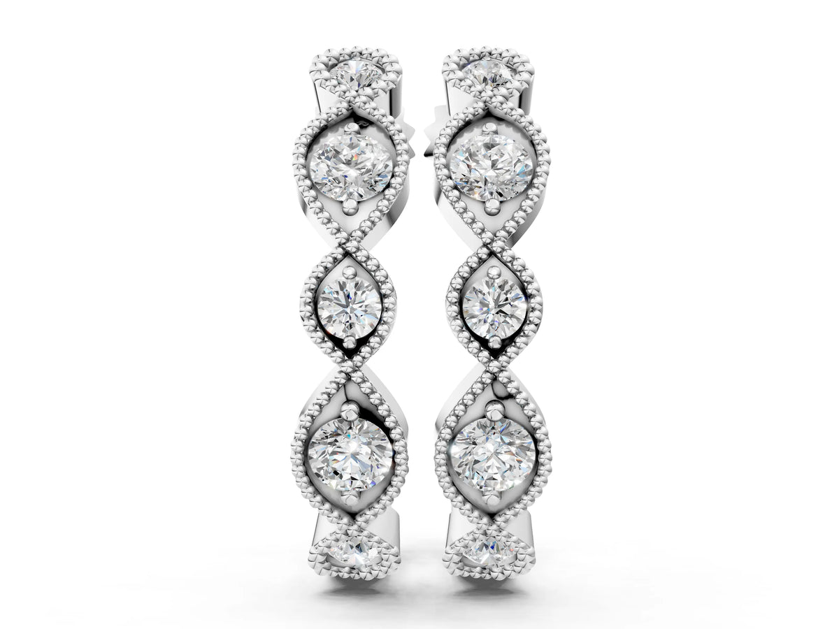 Silver Milgrain Marquise Diamond Hoop Earrings with Bezel Setting_4