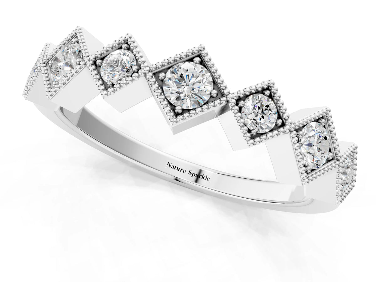 Silver Milgrain Square Bezel Round Diamond Chevron Band_7