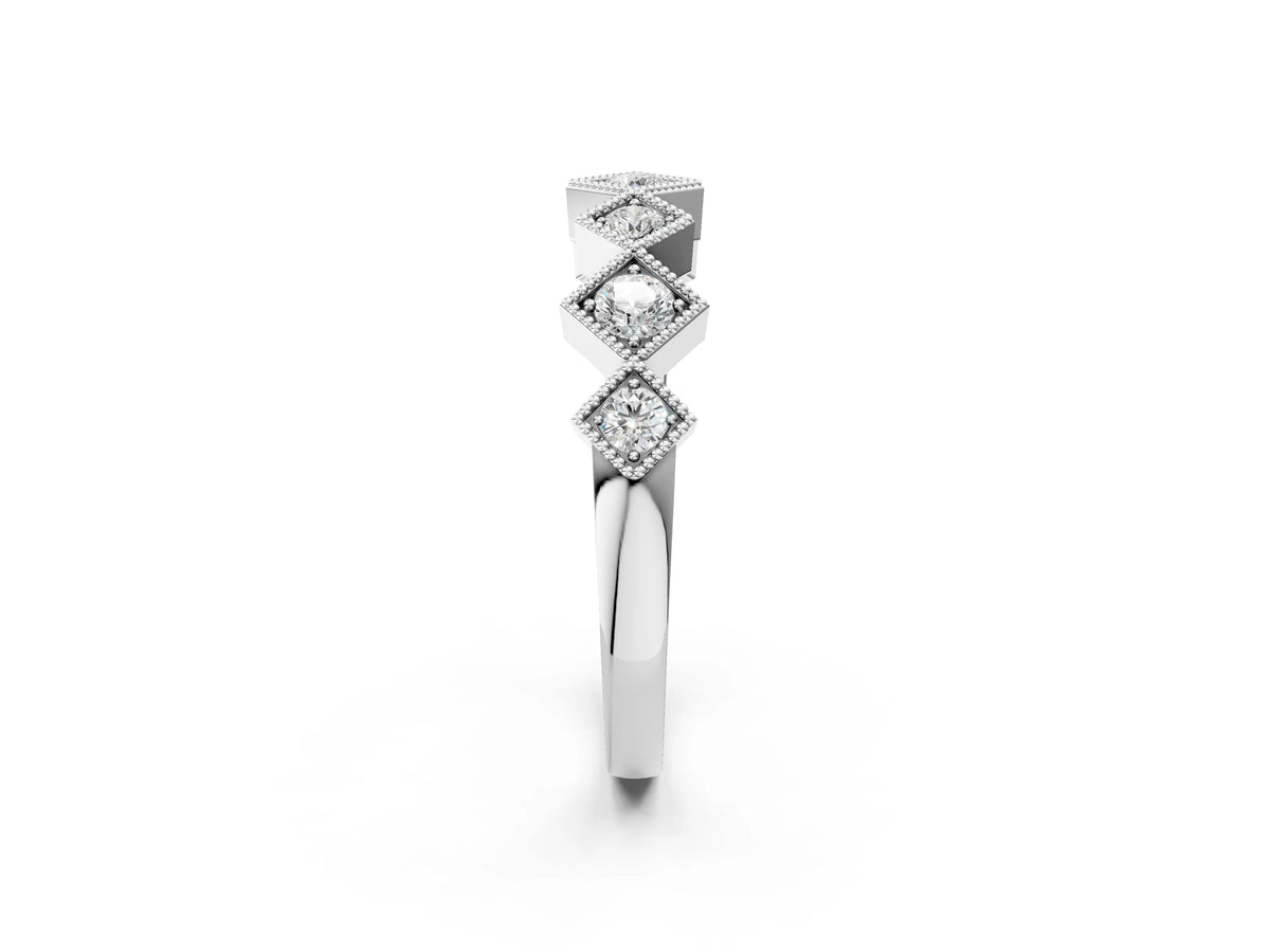 Silver Milgrain Square Bezel Round Diamond Chevron Band_8
